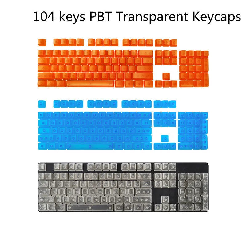 Transparent PBT mechanical keyboard keycaps in orange, white, blue, and black colours showing light transmission