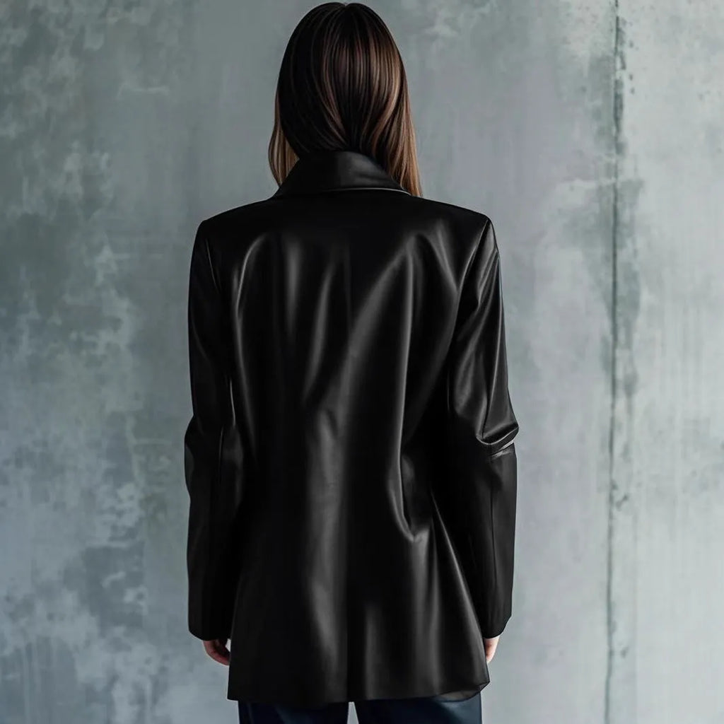 Women's black leather jacket with medium length and long sleeves for casual wear