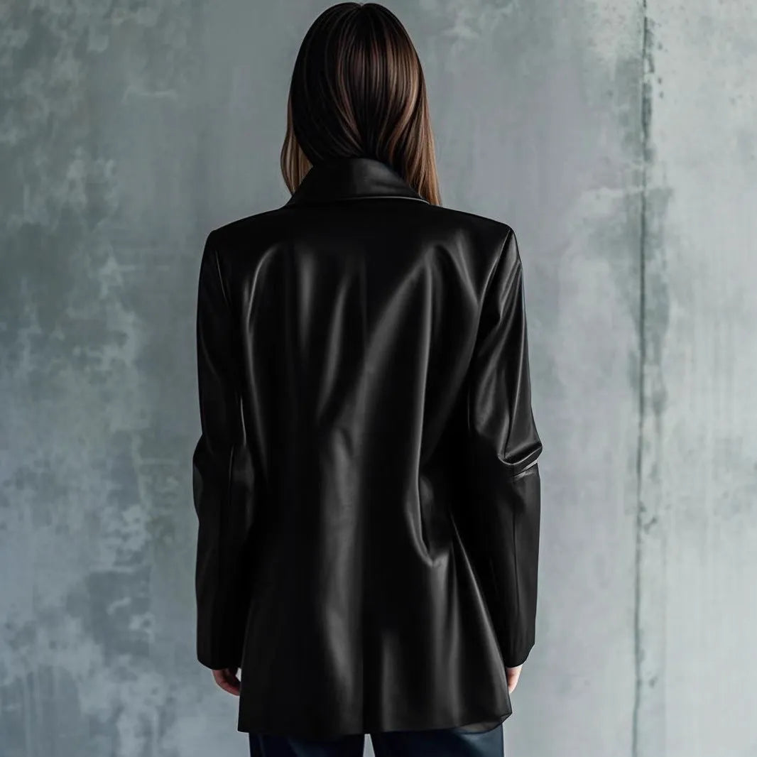 Women's black leather jacket with medium length and long sleeves for casual wear
