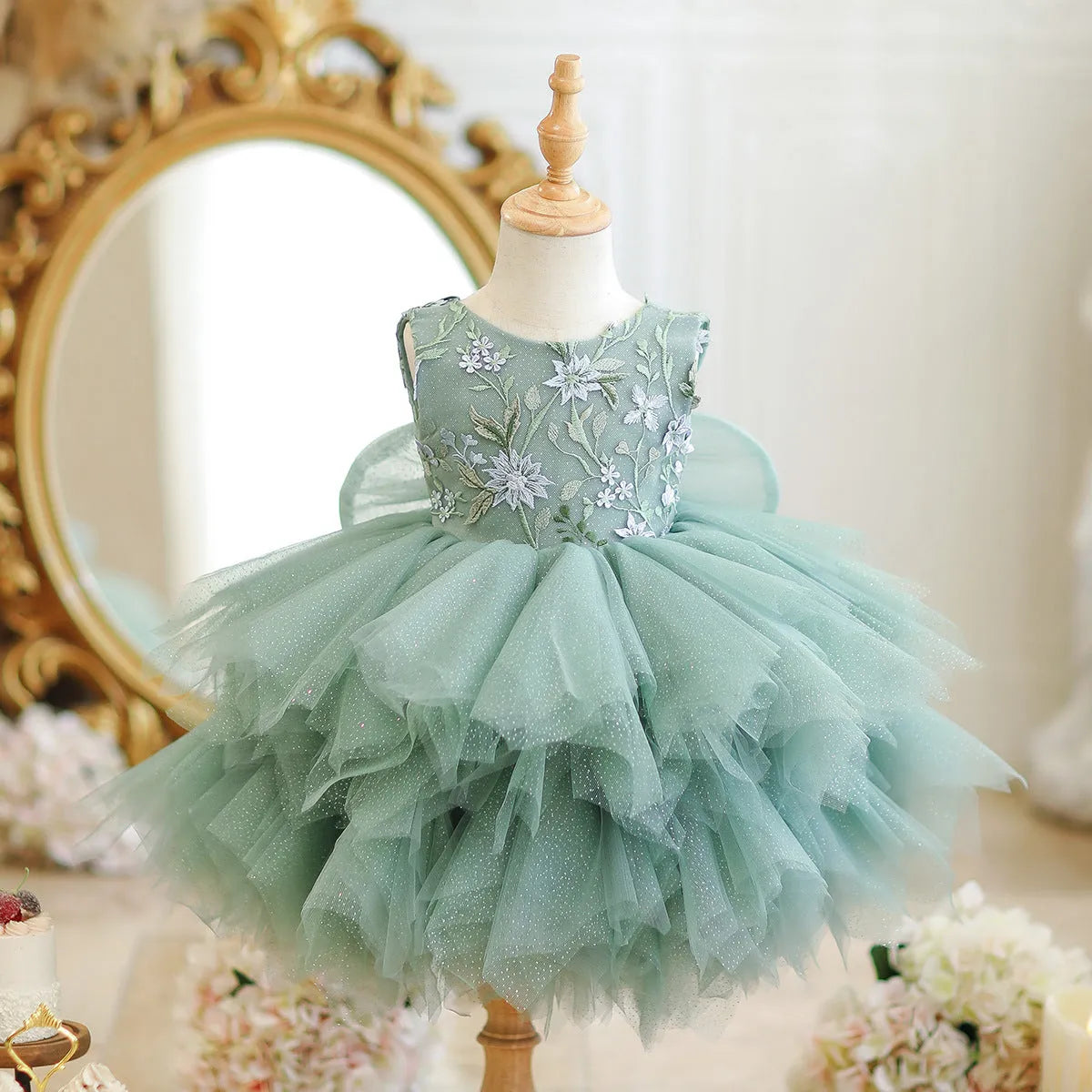 Girl's mori style princess birthday party dress in a single princess dress colour, polyester fibre blend, available from 80cm to 150cm height.
