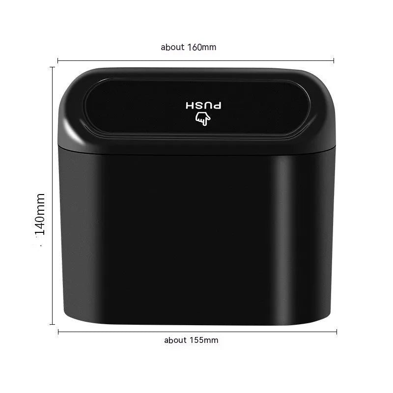 Black folding car trash bin with waterproof plastic construction for vehicle seat mounting