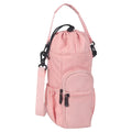 Cloth crossbody water bottle pouch in black, adjustable strap for hands-free carrying.