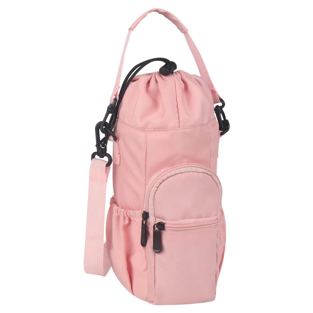 Cloth crossbody water bottle pouch in black, adjustable strap for hands-free carrying.