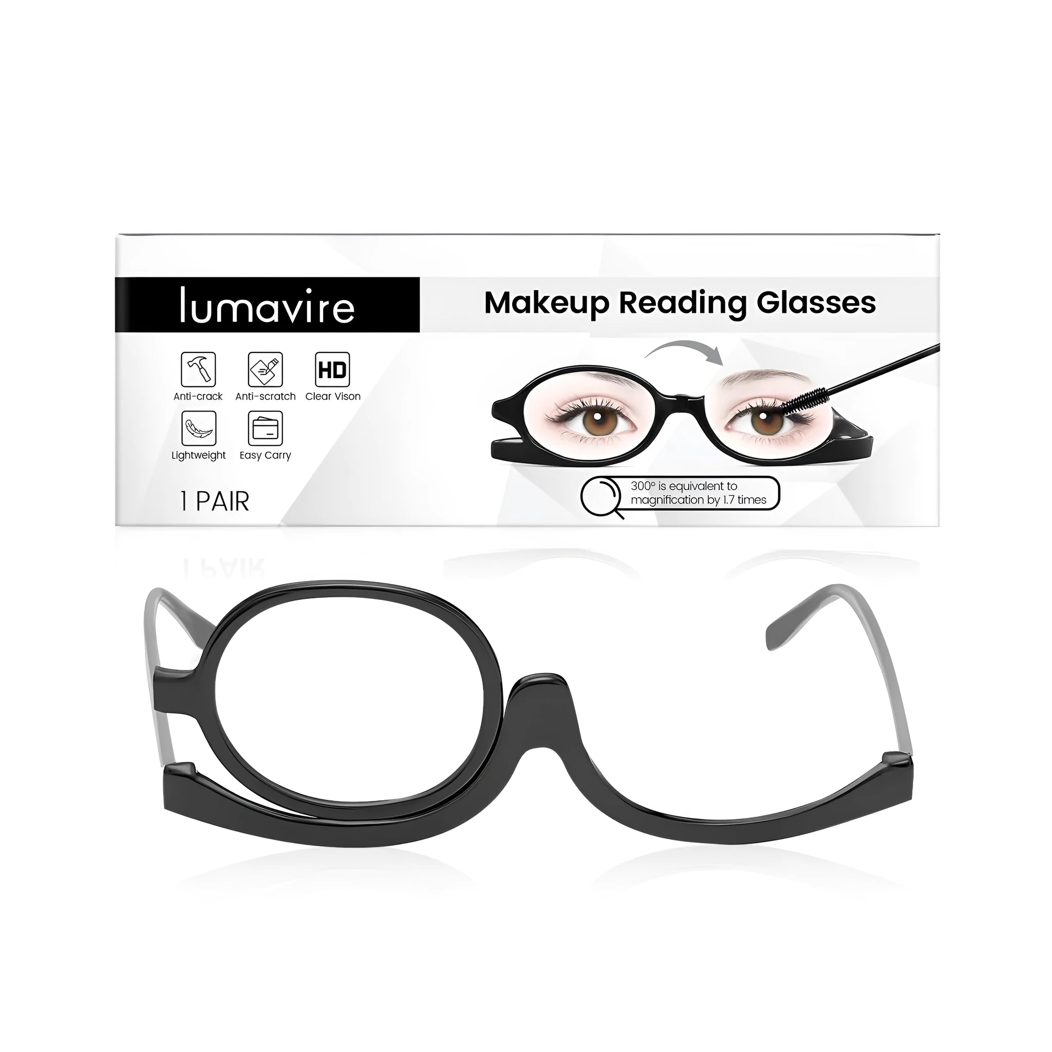 A pair of clear lens reading glasses with a PC plastic frame for makeup and close-up work.