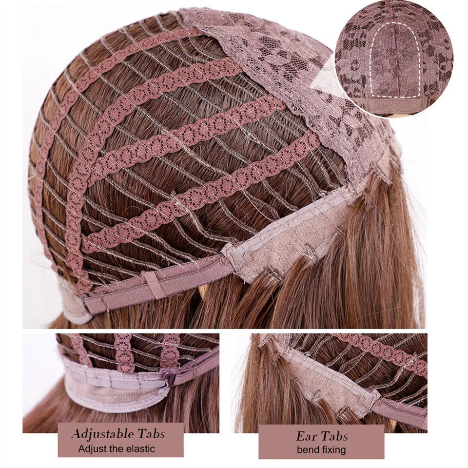 Ladies plant green straight synthetic wig with Qi bangs on display