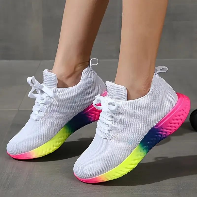 Women's lace-up mesh trainers with rainbow sole in black, white or yellow, sizes 36-43