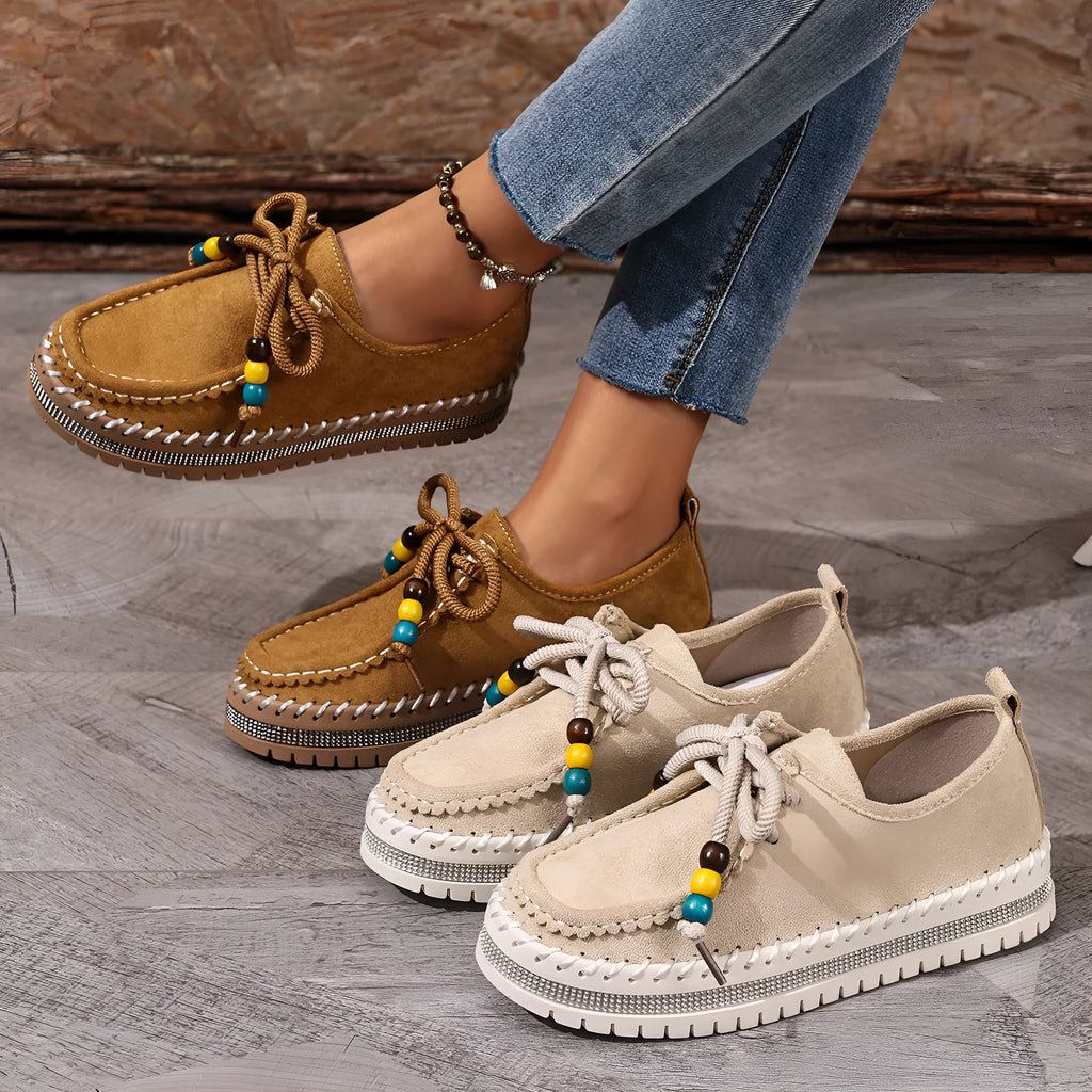 Retro full-covered women's flats in beige and camel, suede upper, thick rubber sole, lace-up, sizes 36-43