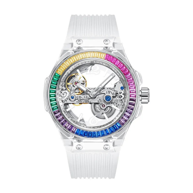 Full-automatic hollow large dial mechanical watch with transparent surface and white strap
