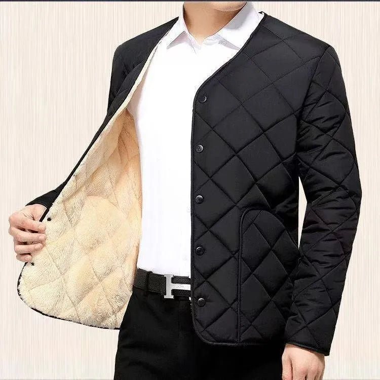 Men's short fleece-lined nylon jacket in black and navy blue, front view, sizes L to 4XL