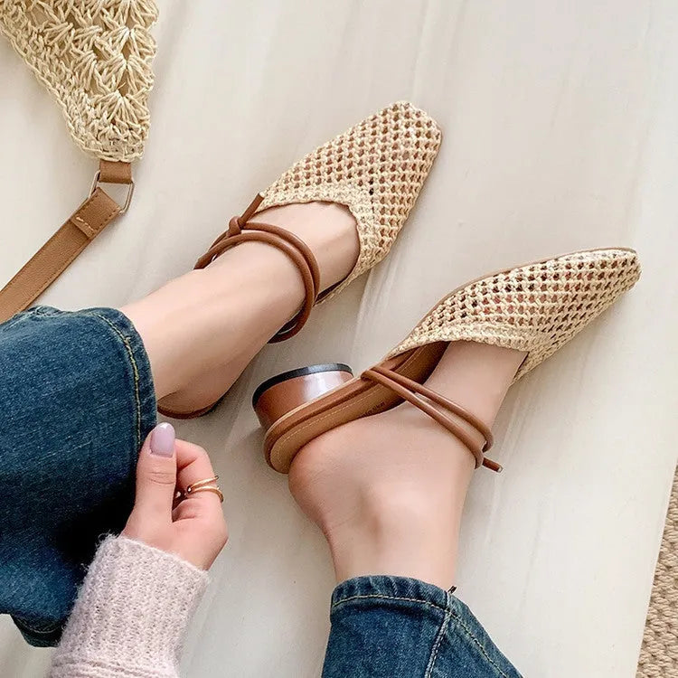 Women's French style square toe half slippers with hollow-out design and chunky heel