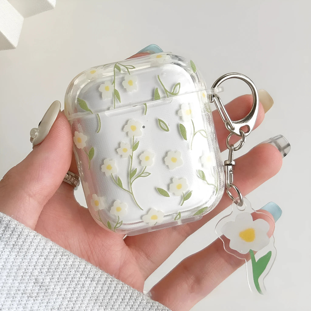 Clear TPU AirPods protective case cover with white floral design on transparent background