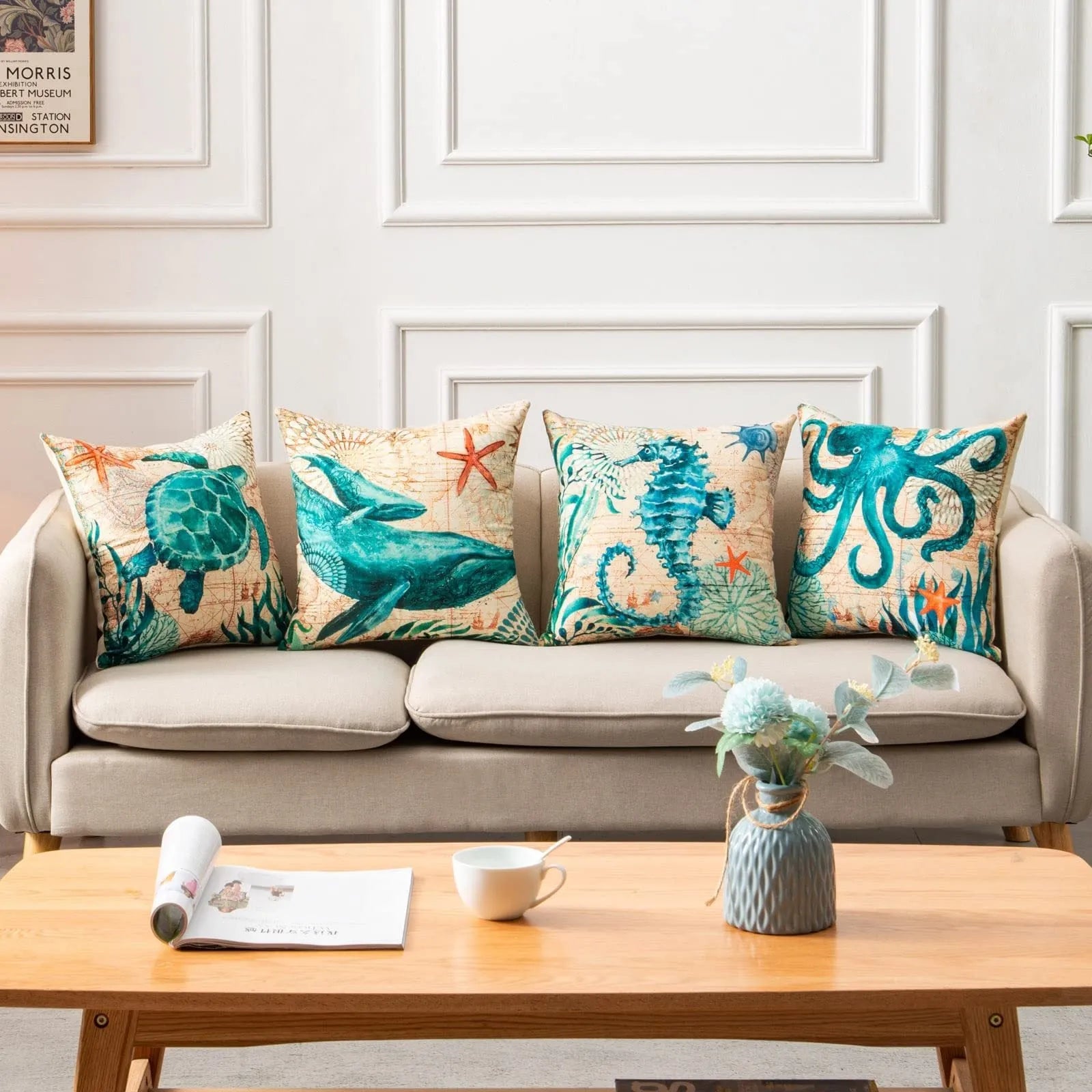 Square linen cushion cover with sea turtle printed design measuring 45x45cm