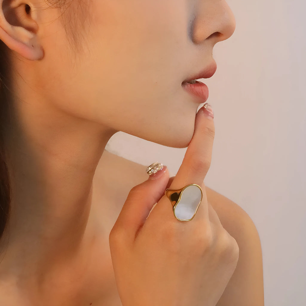White shell ring with gold plated stainless steel band, diamond and geometric design, for women