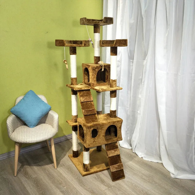 Large multi-layer cat climbing frame with plush fabric and jute rope scratching posts in beige colour