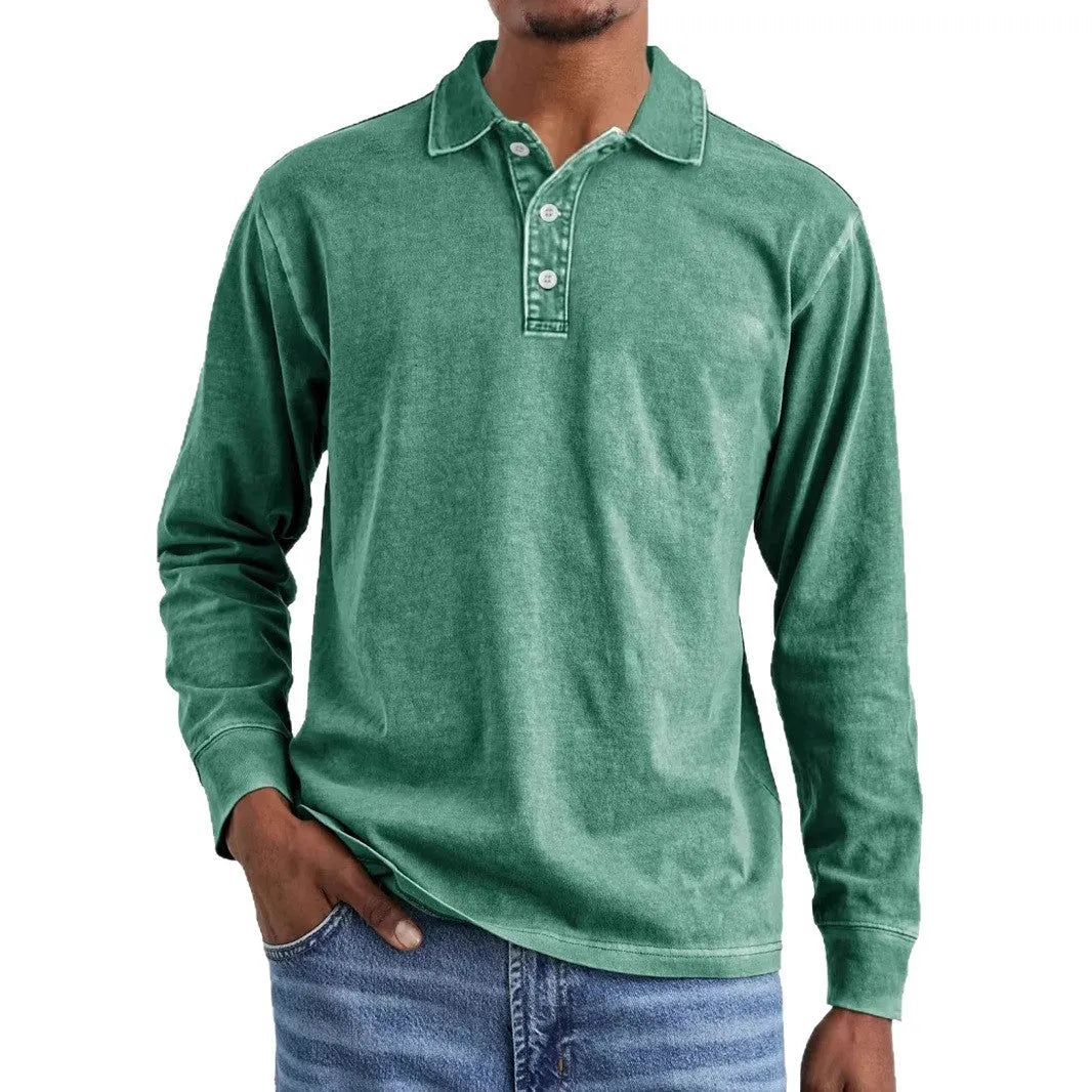 Retro washed distressed pure cotton long sleeve polo shirt with lapel collar in multiple colours.