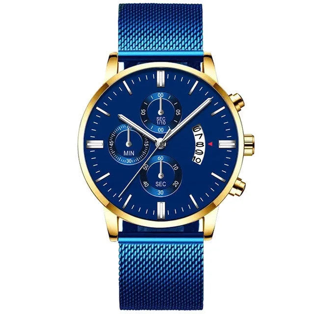 Men's stainless steel quartz watch with a mesh band, showing a two-tone colour option on an analog dial.
