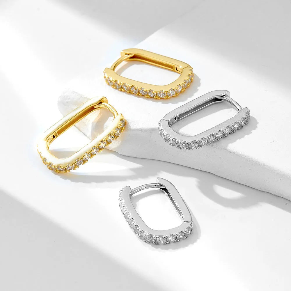 S925 sterling silver oval zircon geometric clip-on earrings in white or yellow silver.