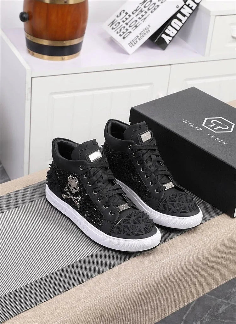 Men's black leather high top skeleton shoes with a lace-up front and rubber sole.