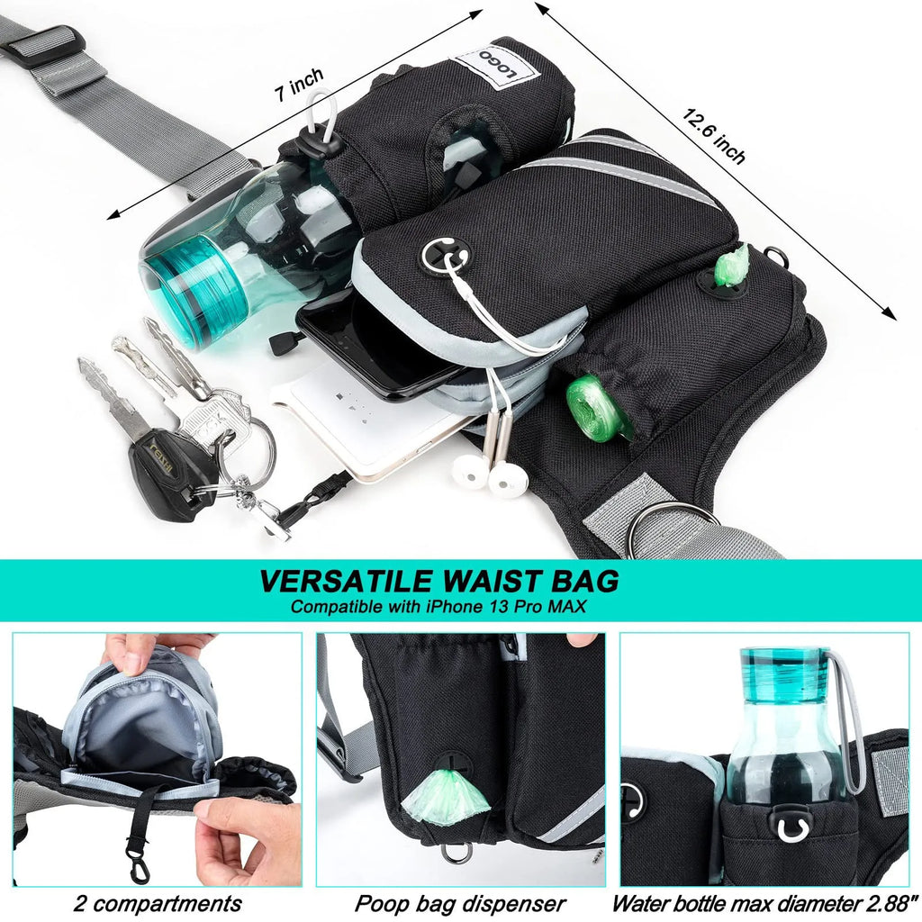 Black nylon outdoor dog walking set showing a waist bag, attached leash, and matching dog collar.