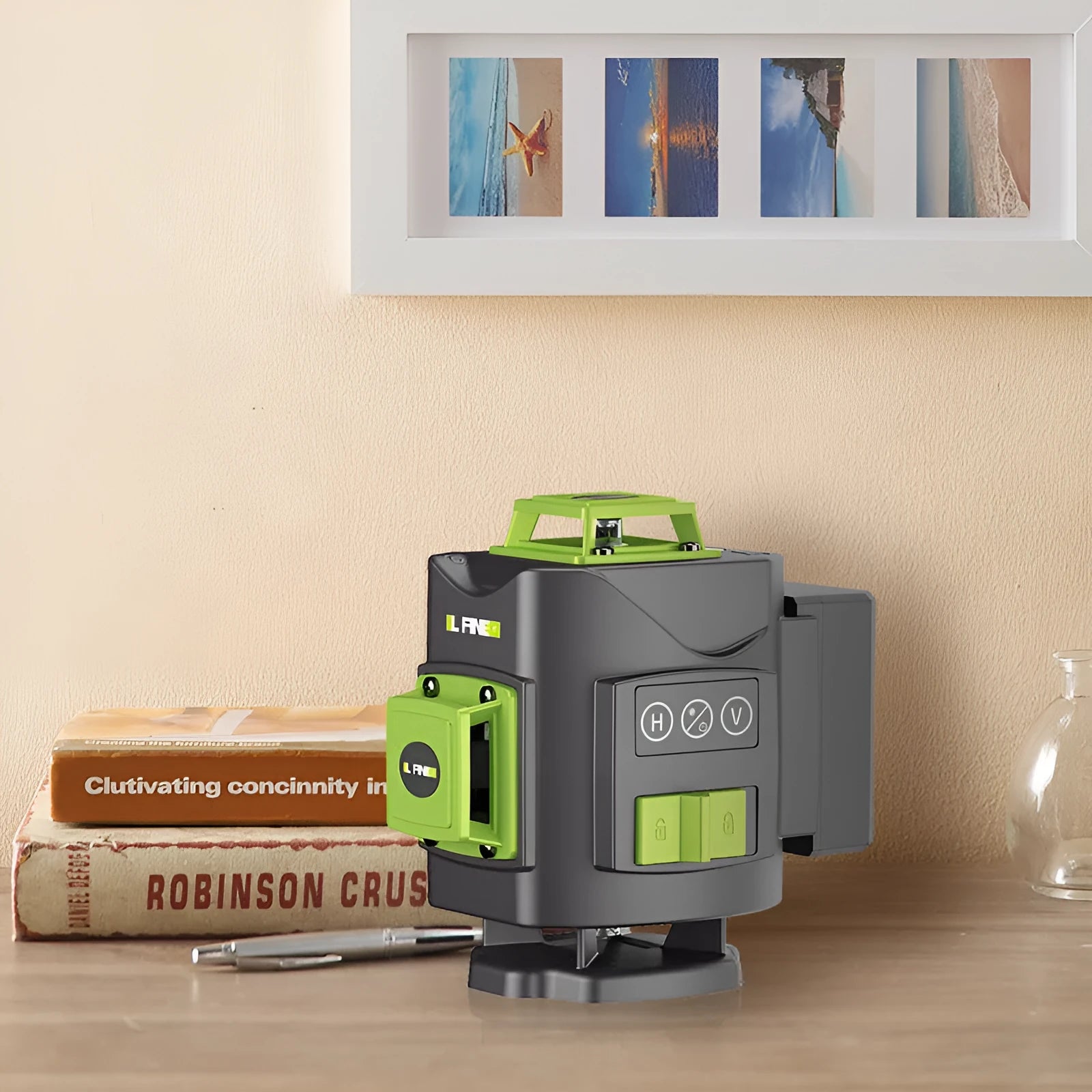 Green laser level projecting 16-line 3D cross pattern on walls and ceiling