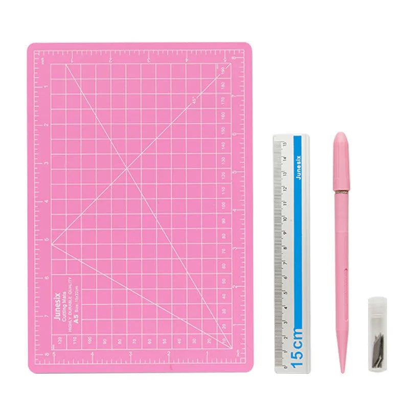 Art pen knife cutting board set with backing board, ruler, sharpener, and blade in blue colour