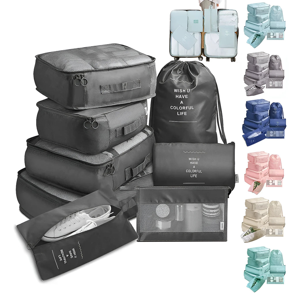 8-piece set of nylon packing cubes in assorted sizes for travel storage, featuring waterproof and dustproof material