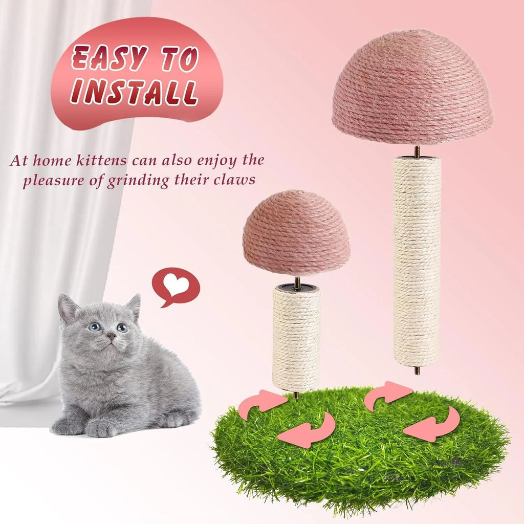Pink mushroom-shaped cat scratching post with natural sisal rope for kittens and small cats