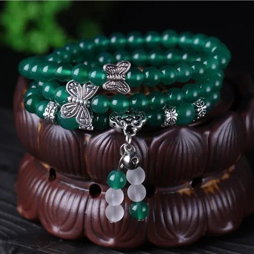 Women's green agate multi-layer bracelet with three circles of 6mm beads