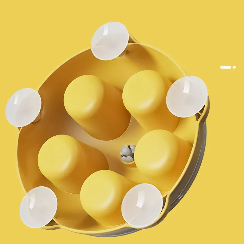 Yellow cat food puzzle toy with five compartments for slow feeding