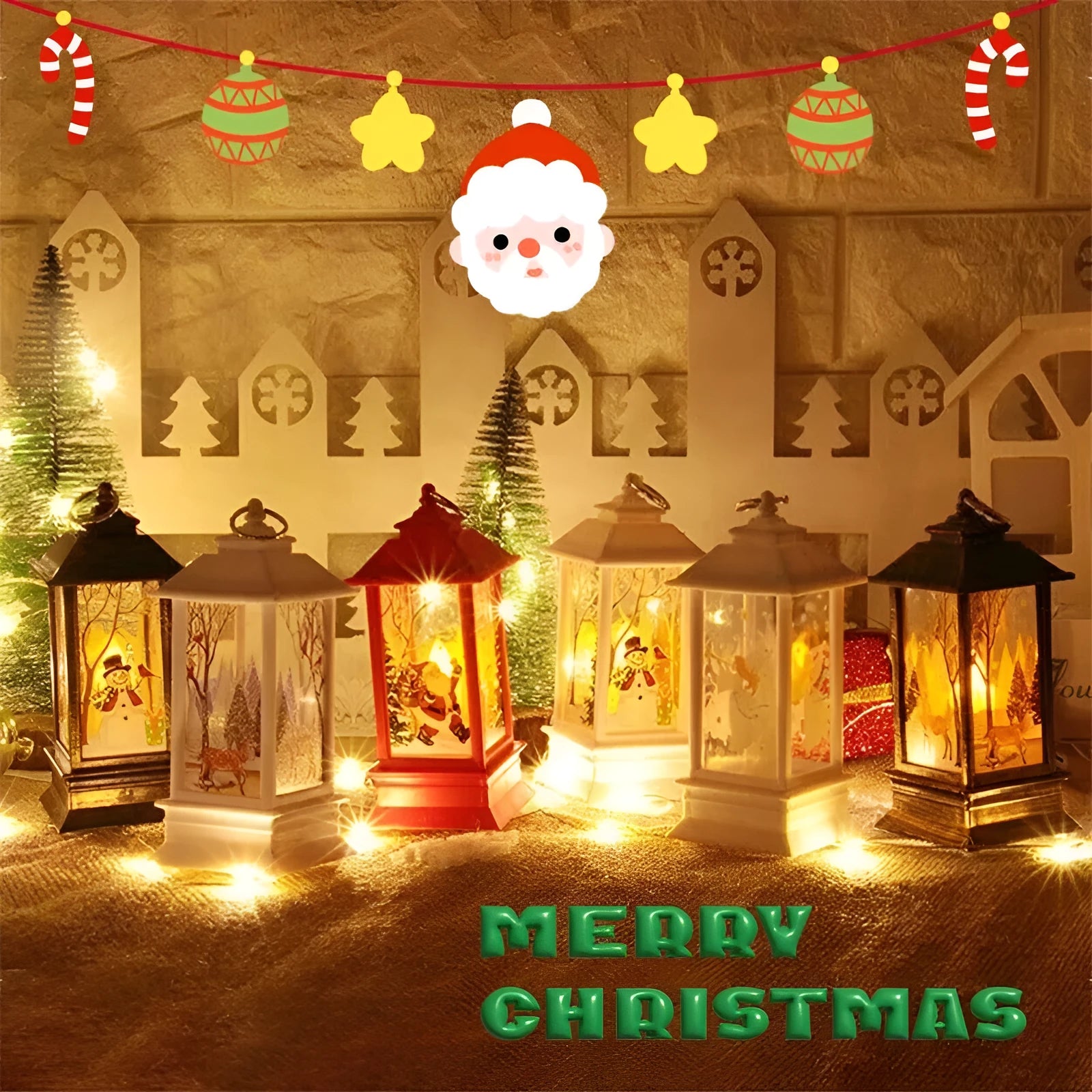 Small plastic Christmas portable oil lamp with Santa Claus figure, battery powered LED night light, hanging lantern design
