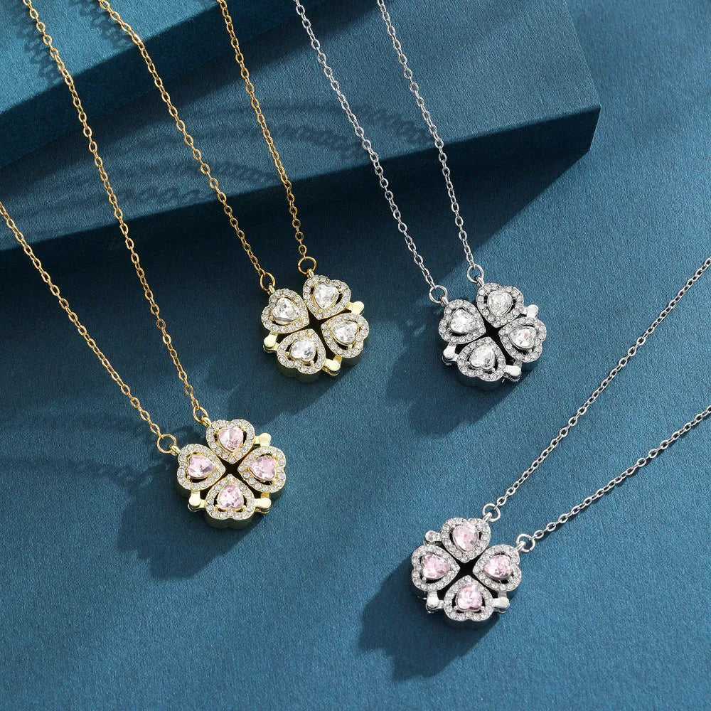 Four-leaf clover pendant necklace with micro inlay artificial gemstone, metal chain, K Gold Pink colour option