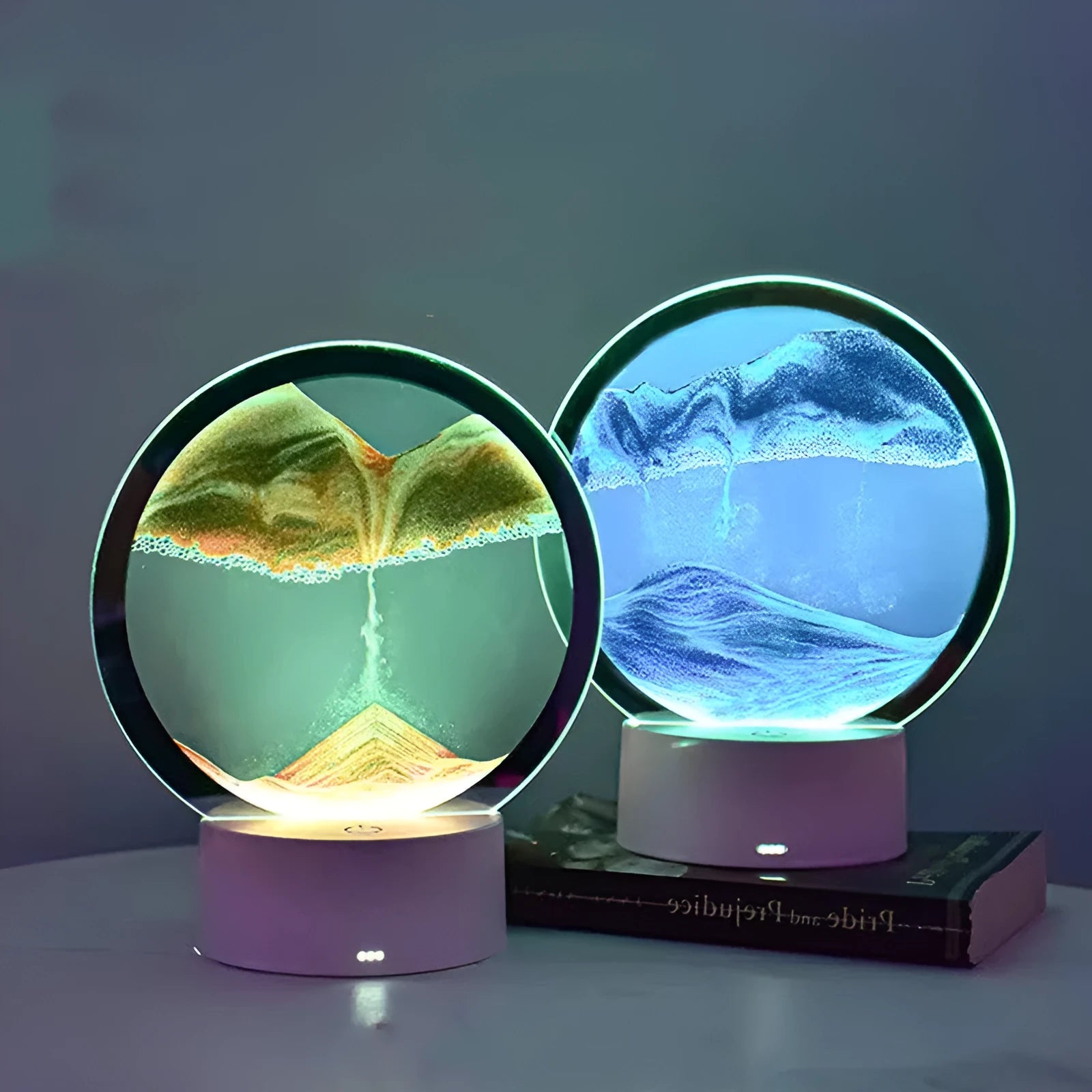 Creative 3D quicksand touch table lamp with glass shade in blue, orange, purple, or red light.