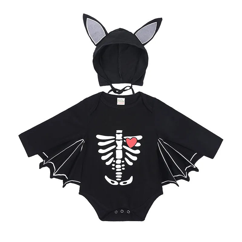 Baby Halloween long-sleeved cotton triangle jumpsuit with pumpkin letter print and removable hood