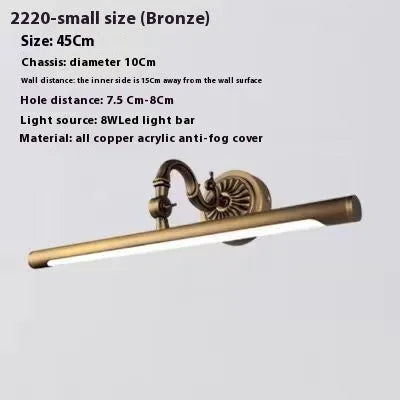 All copper European bathroom mirror front lamp with 12W LED and acrylic anti-fog cover in 750mm size