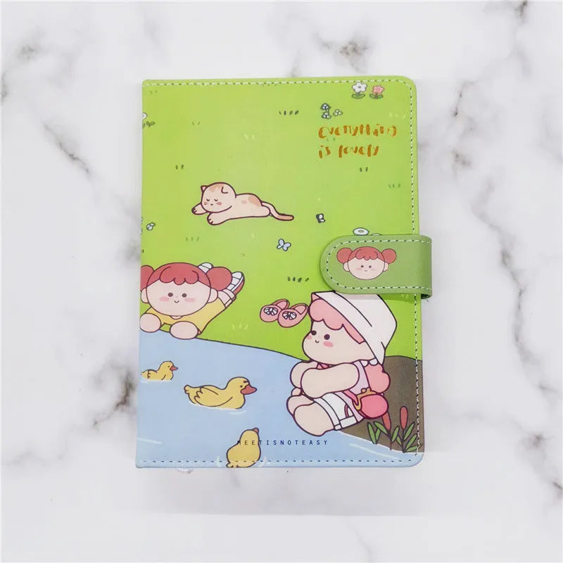 A5 paperbound notebook with thread binding, open to show flat lay, with choice of Eating Ice Cream, Reading, Traveling, or Outing cover designs.