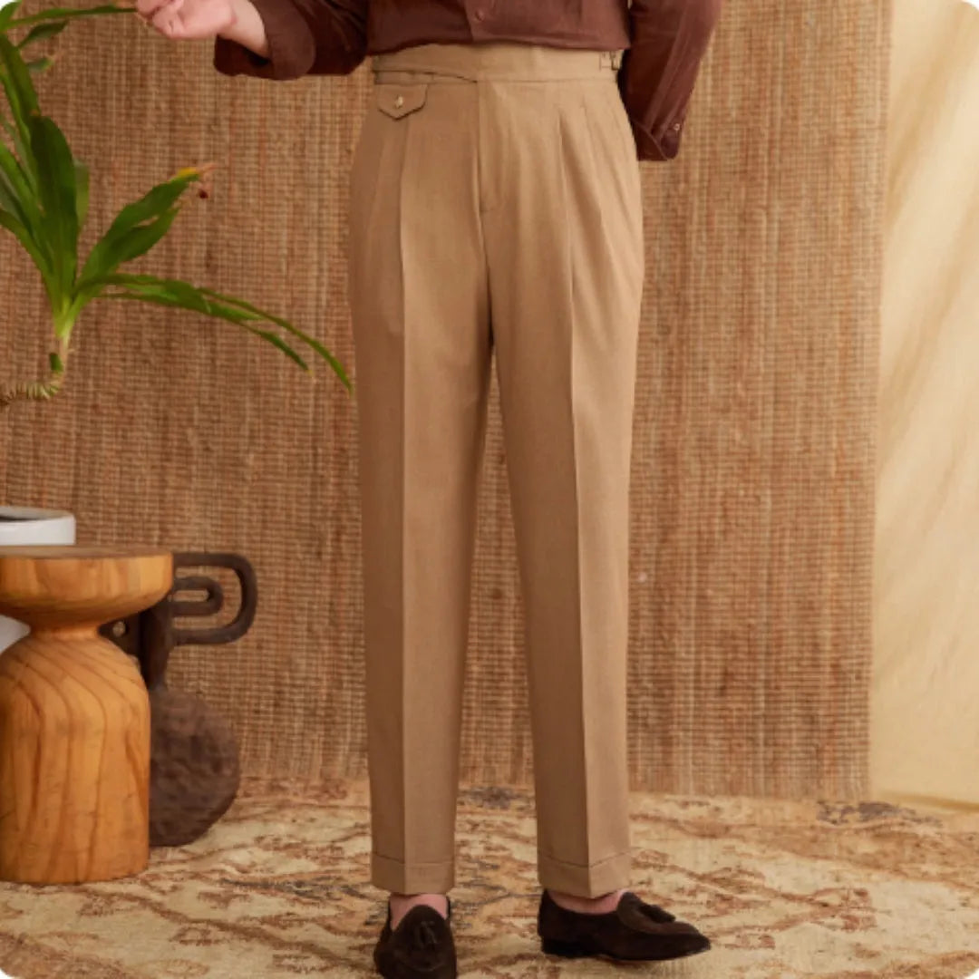 Men's slim fit straight leg business trousers in dark grey polyester fabric.