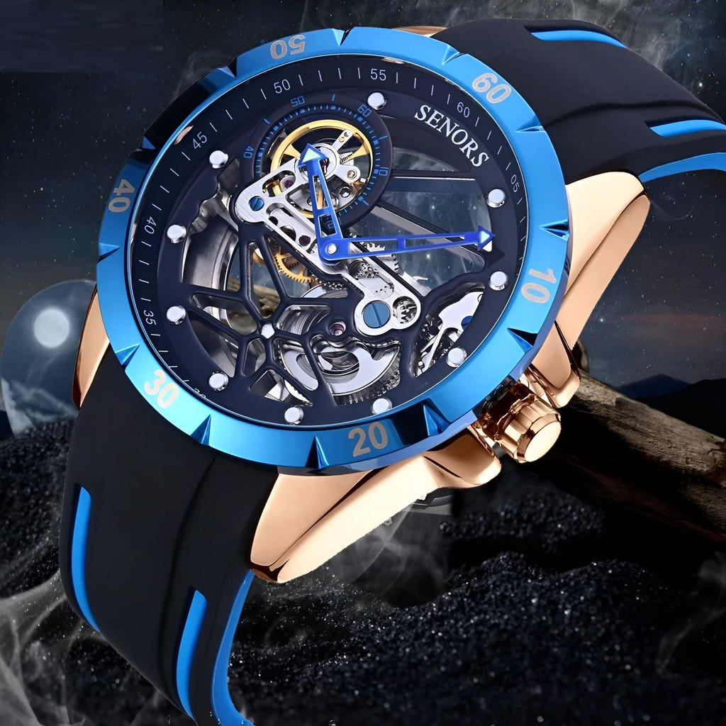 Men's automatic watch with hollow skeleton dial showing mechanical movement