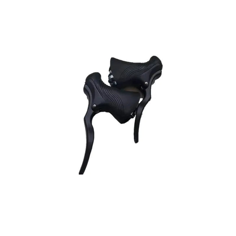 Pair of aluminium alloy road bicycle brake handles in black and black silver, showing clamp for handlebars.