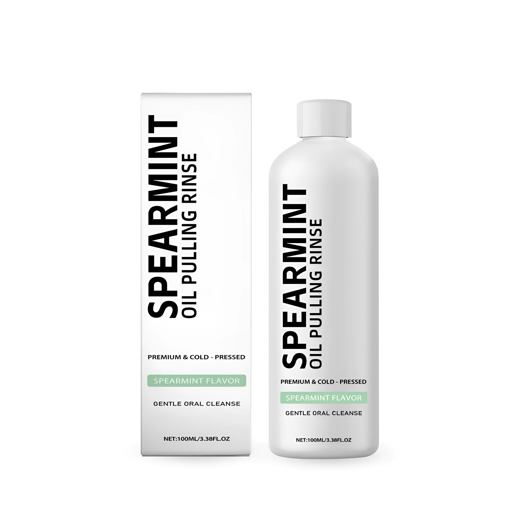 100 ml bottle of spearmint oil pulling mouthwash with clove and peppermint oil