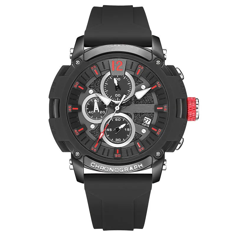 Men's multi-function luminous waterproof calendar watch in various colours showing 51mm case.