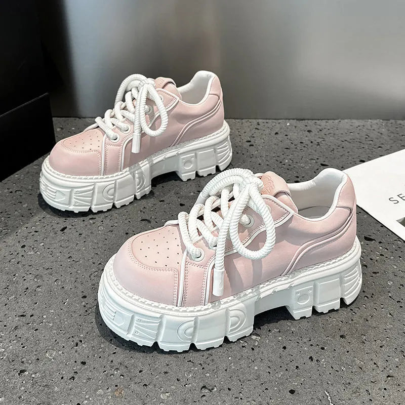 Beige and pink leather casual shoes with foam soles for height increase
