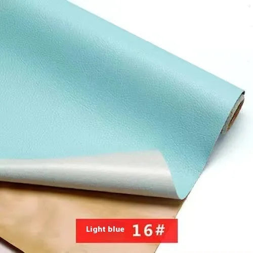 Self-adhesive PU leather repair patch in beige, showing texture and backing, for sofa or car seat repair