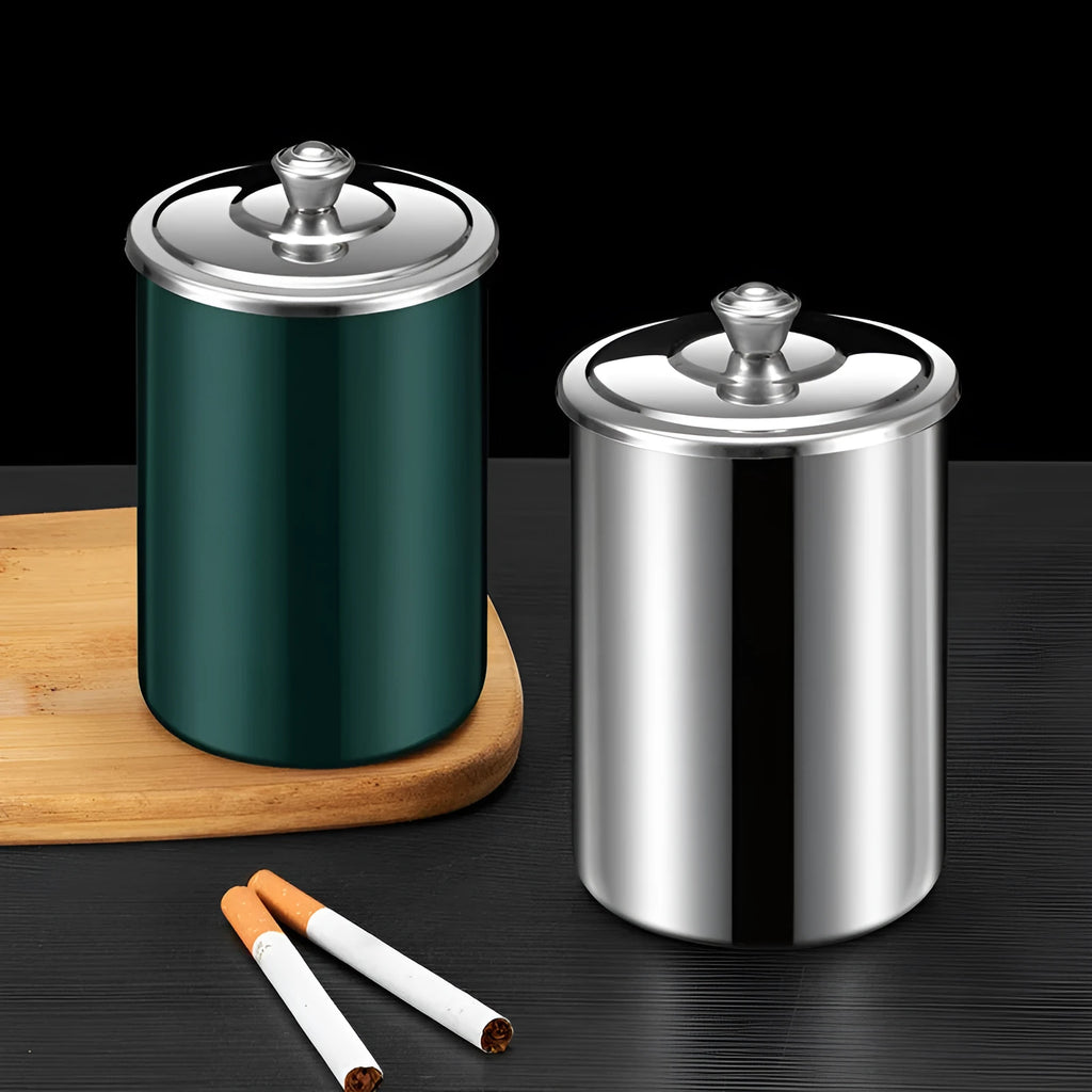 Stainless steel fly ash ashtray with a removable cover, funnel, and smoke button.