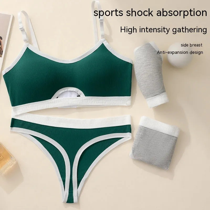 Beauty back sports bra and briefs set in contrasting colour with moulded cup and fixed shoulder straps.