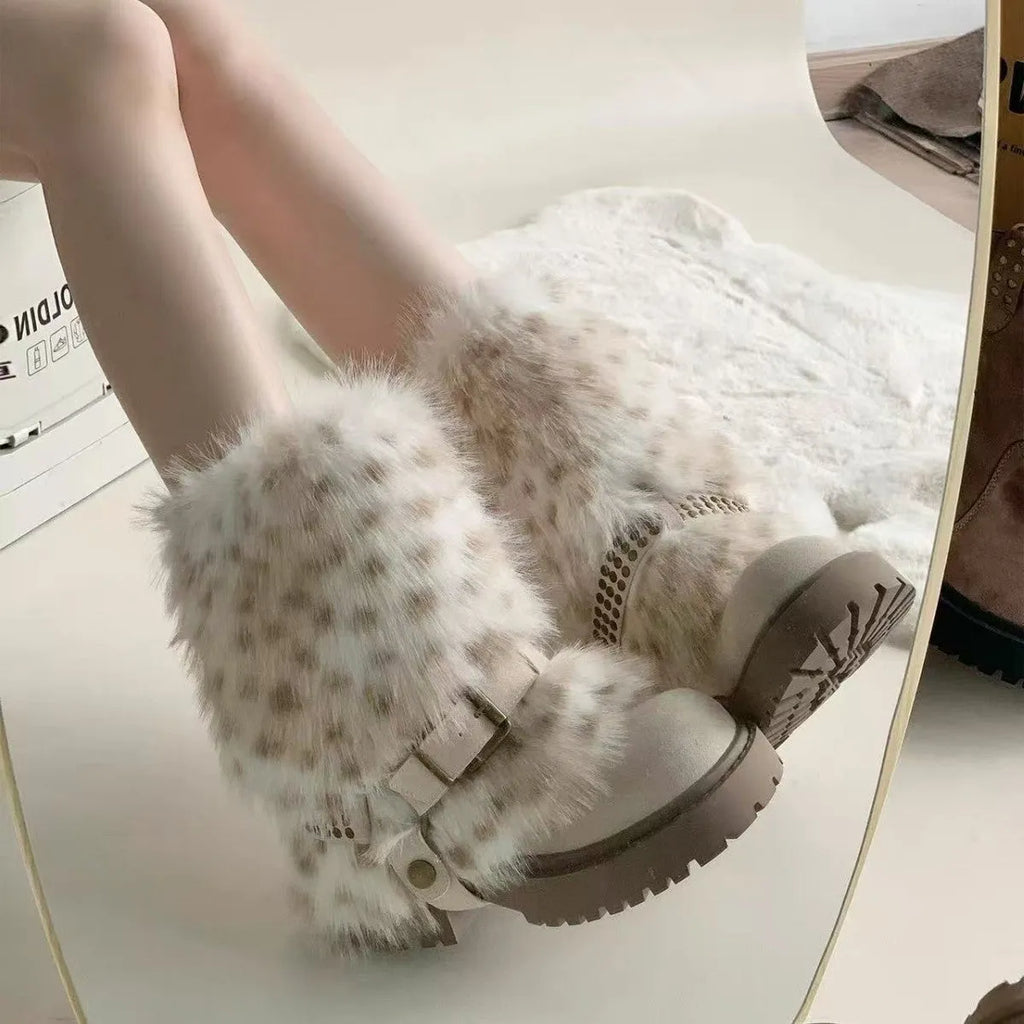 Women's furry snow boots in beige with colour block splicing, mid-calf shaft, and thick rubber sole