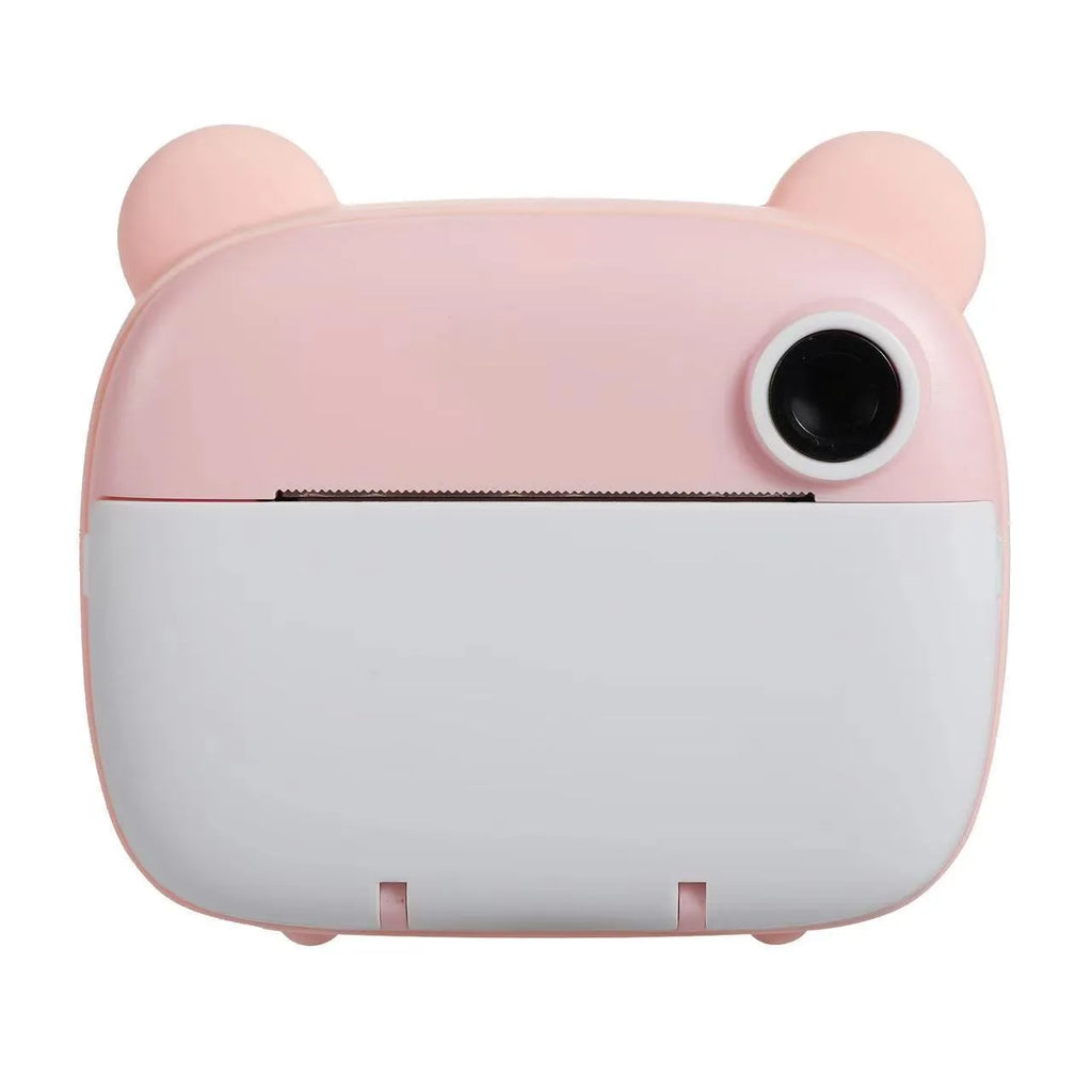 Pink children's printing camera with HD dual lenses, lanyard, and crayons on white background