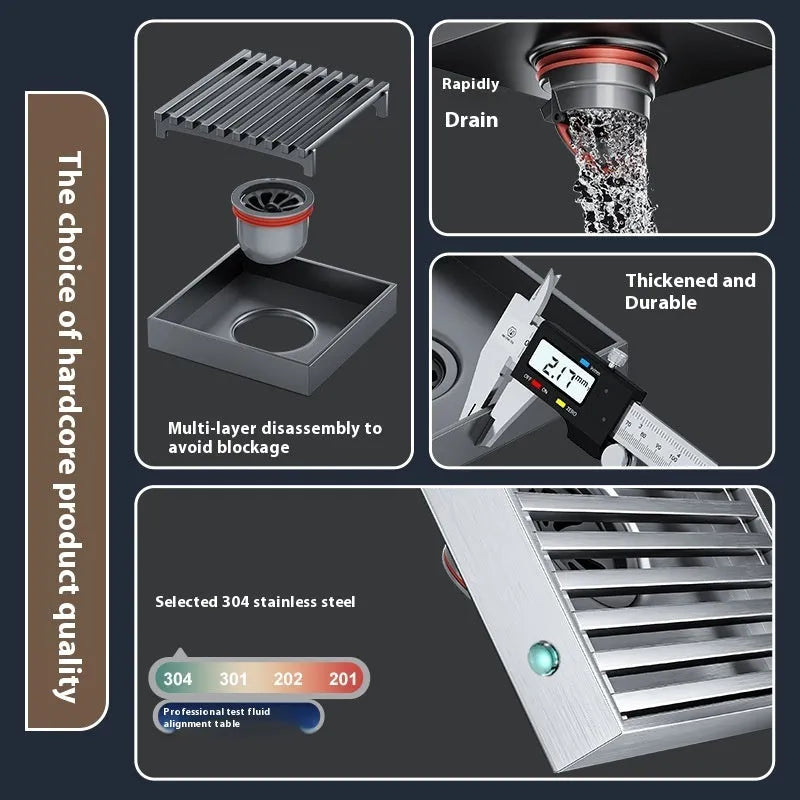 304 stainless steel courtyard floor drain with gun grey finish and 15x15cm square grille