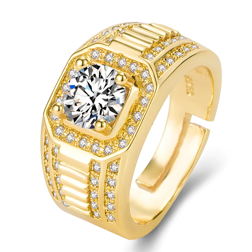 Large square diamond men's ring with an adjustable band, shown in gold and platinum finishes.