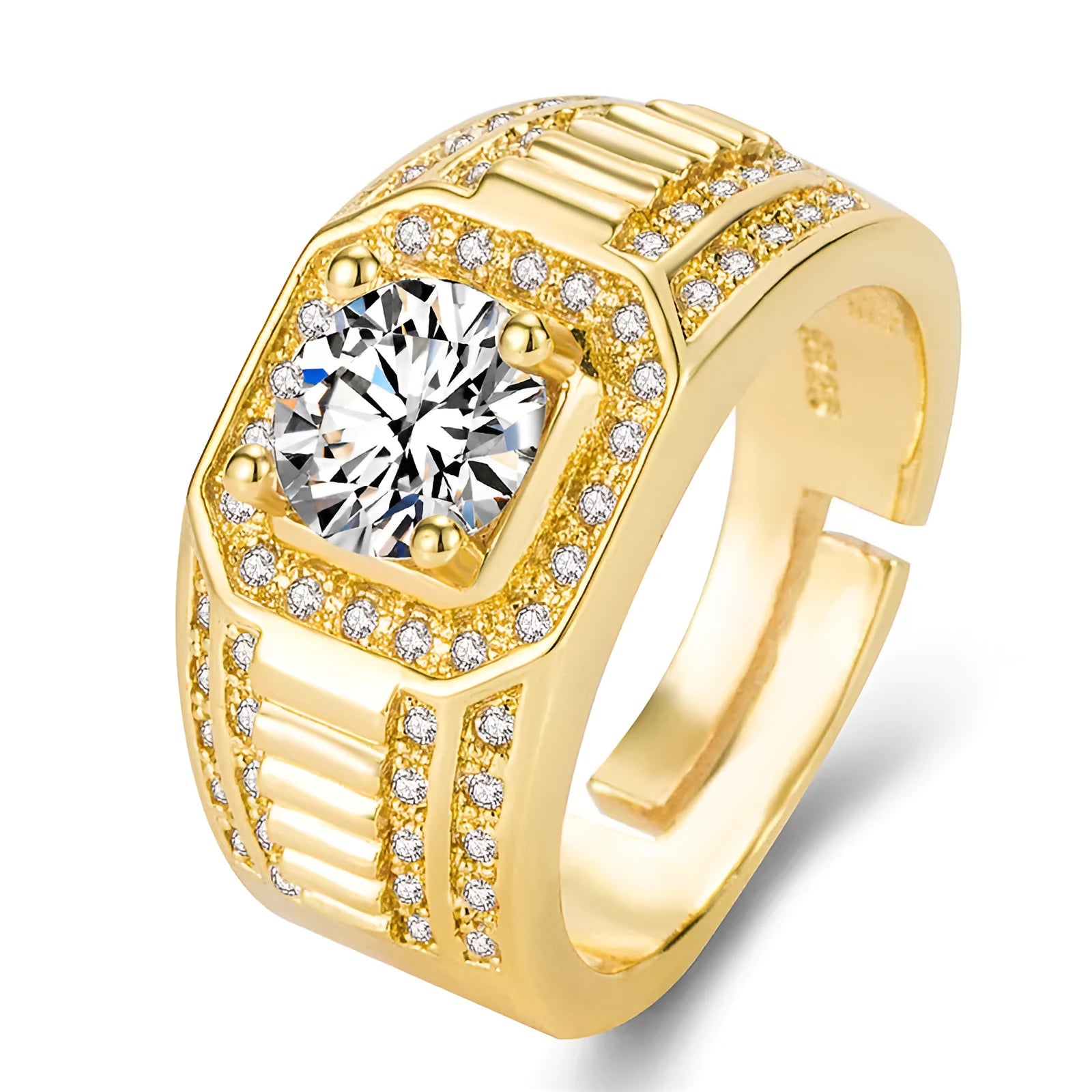 Large square diamond men's ring with an adjustable band, shown in gold and platinum finishes.