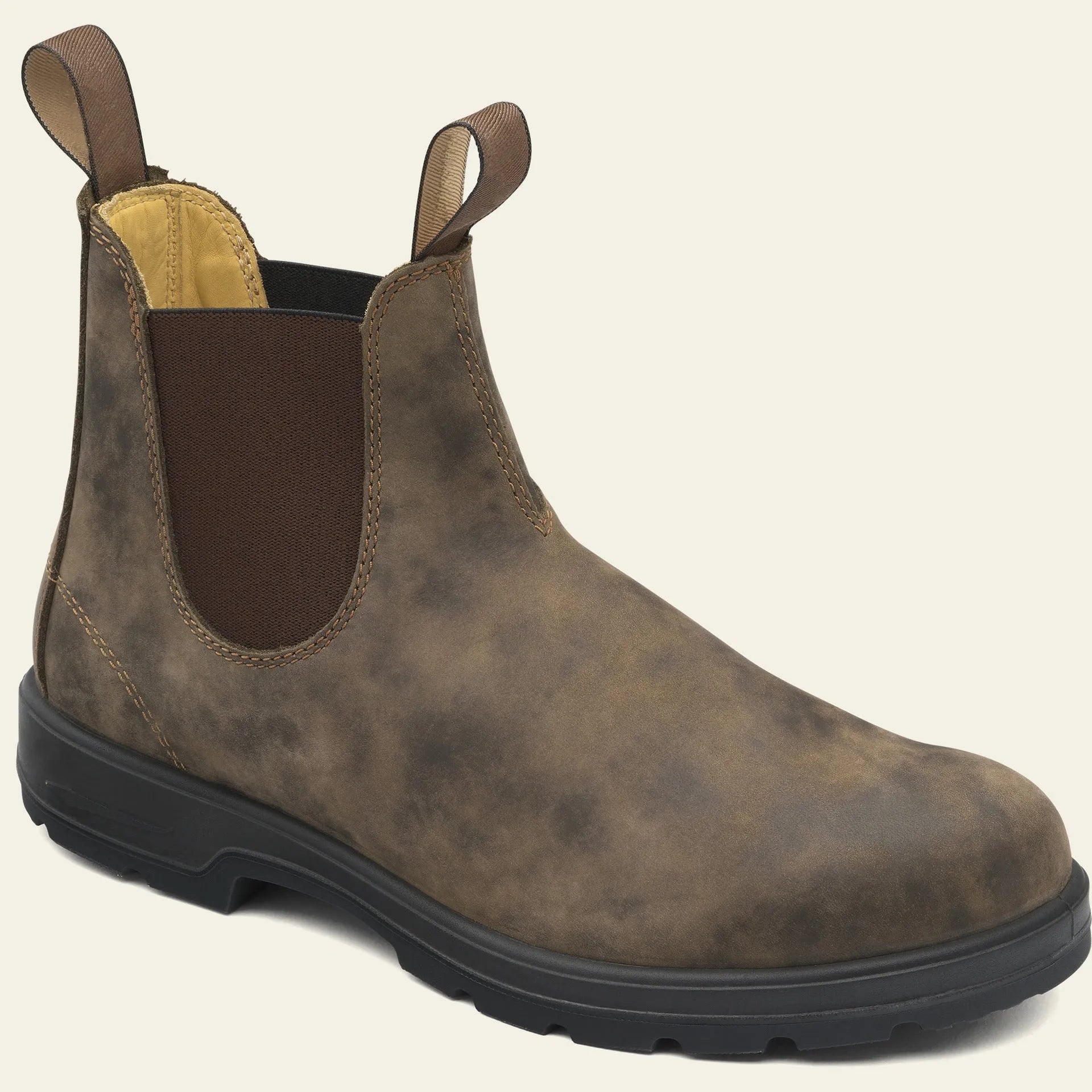 A pair of vintage-style unisex black Chelsea boots with a frosted artificial PU upper and a beef tendon sole.